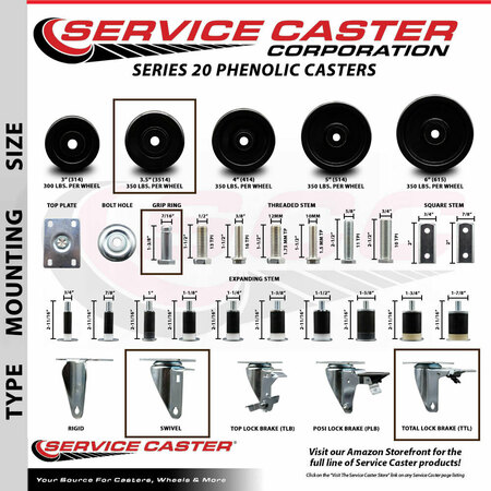 Service Caster 3.5 Phenolic Wheel Swivel 7/16'' Grip Ring Stem Caster Set 2 Total Lock Brake, 4PK SCC-GRTTL20S3514-PHS-716138-2-S-2